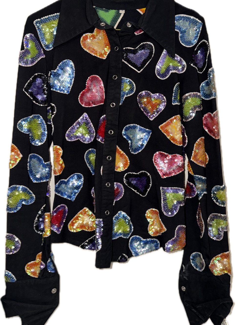 Showtime Collection Black Button-Down Shirt with Multicolor Sequin Hearts Show